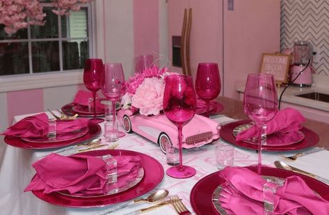 wedding planner Nicole Jackson  entertainment 💍 Pink Party Tables, Pink Birthday Party Decorations, Pink Brunch, Pink Table Settings, Galentines Brunch, Quinceanera Bouquet, Barbie Bachelorette, Pink Wine Glasses, Pink Party Theme