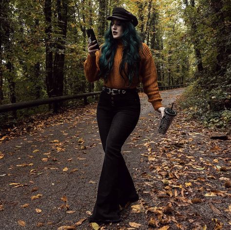 How do you feel about fall coming? 🍂🧙‍♀️ 📸 deathlyberry #fall #autumn #gothautumn #halloween #gothhalloween #witchseason #orangeleaves #Chicago #chicagopunk #altfashion #alternativefashion #gothstyle #punkfashion #altgirl #metalhead #heavymetal #headbanger #gothgirl #goth #emo #chicagoaltscene #chicagogoth #chicagogothgirl #gothsofchicago 70s Goth Fashion, Outfits With Bell Bottoms, Goth Outfits Winter, Groovy Clothes, Ugly Outfits, Contemporary Clothes, Outfits 70s, Alt Outfits, Corset Fashion