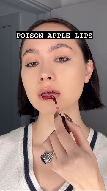 Zoe Kim Kenealy on Instagram: "“I BIT THE POISON APPLE” lips 🍎 Products are @sheglam_official Art Deco collection the lips are shades: gleaming, gifted and tartantalizing A dark holiday inspired look, darkest red lip stain in the center, a messy, smudged brighter lip stain on the edges and a candy apple like gloss on the top. #makeupreel #makeupreels #smudgedlipstick #messymakeup #holidaymakeup #darkmakeup" Lips Products, Red Lip Stain, Dark Red Lips, The Poison, Poison Apple, Bright Lips, Poison Apples, Stunning Makeup, Dark Makeup