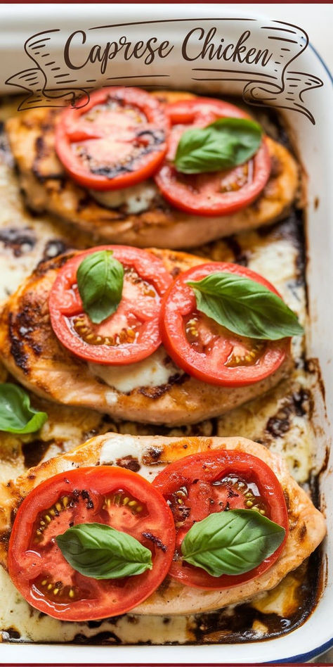 Caprese Chicken – Tender chicken topped with melty mozzarella, tomatoes, basil, and balsamic glaze for a fresh, vibrant dinner. Chicken Basil Tomato Recipes, Chicken Tomatoes, Chicken Tender, Mozzarella Chicken, Caprese Chicken, Tender Chicken, Balsamic Glaze, Tomato Recipes, Fresh Mozzarella