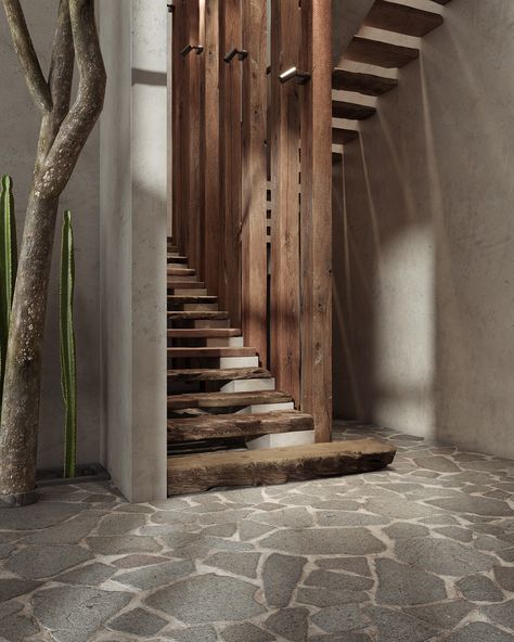 Wabi Sabi House, Concrete Effect Paint, Wabi Sabi Interior, Casa Cook, Desain Pantry, Rustic Restaurant, Concept Ideas, Interior Stairs, Architecture Visualization