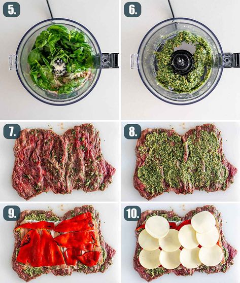 Flank Steak Rolls, Stuffed Flank Steak, Steak Pinwheels, Braciole Recipe, Roasted Bell Peppers, Steak Rolls, Flank Steak Recipes, Beef Steak Recipes, Beef Roll