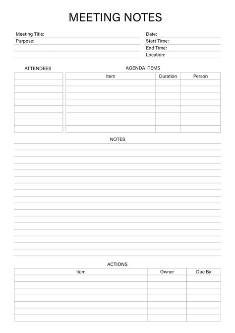 Do you find yourself struggling to take good notes during meetings? This printable template can help! It includes a space to record the meeting date, time, location, attendees, and purpose. There is also a section for taking notes on the discussion, action items, and next steps. This template is a great way to stay organized and ensure that you don't miss anything important during a meeting.

Do