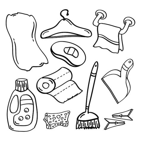 Hand drawn home cleaning or house cleani... | Premium Vector #Freepik #vector #cleaning-brush #cleaning-tools #mop #cleaning Cleaning Tools Drawing, Cleaning Icons, Paper Fan Decorations, Clean My House, Paper Fan, Fan Decoration, Hand Drawn Icons, Brush Cleaning, Program Ideas