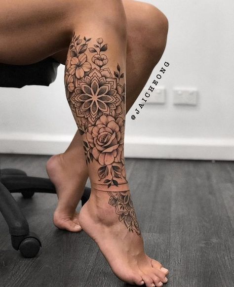 Geometric Leg Tattoo Women, Flower Mandala Leg Sleeve, Womans Full Sleeve Tattoo, Women Full Leg Tattoo, Mandala Leg Sleeve Women, Women’s Full Leg Sleeve, Mandala Foot Tattoos For Women, Tattoo Ideas Female Mandala, Mandala Tattoo Design Women Leg