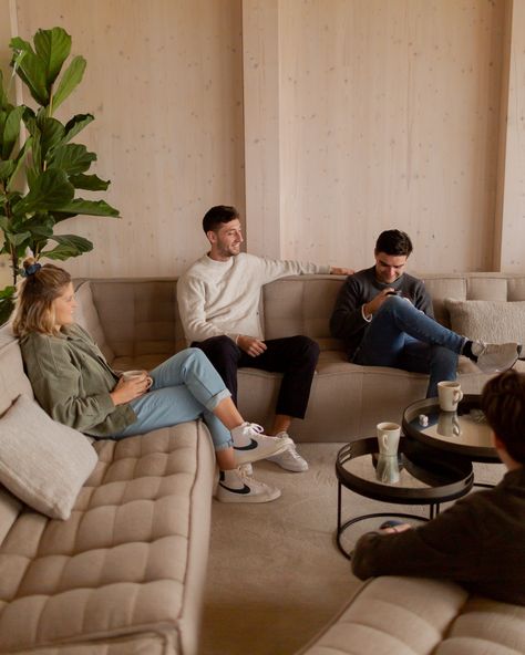 Co-living has many benefits, from affordability and sustainability to meeting new people. And nothing brings people closer together than beautiful, warm surroundings, like a comfortable sofa that invites everyone to gather, relax, and enjoy the company.⁠ Contact us for your next coliving design! Co Living, Living Room Essentials, Beige Sofa, Dark Grey Color, Comfortable Sofa, Beautiful Furniture, Multiple Color, Room Sofa, Round Corner