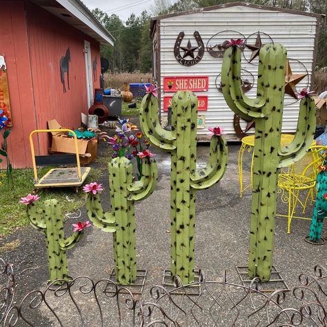 Metal Sage Green Cactus | F&A Mexican Imports Southwestern Yard Art, Mexican Fence Post Cactus Landscape, Cactus Yard Art, Metal Cactus Yard Art, Steel Cactus Yard Art, Cactus Yard, Mexican Fence Post Cactus, Fence Post Cactus, Western Style Decor