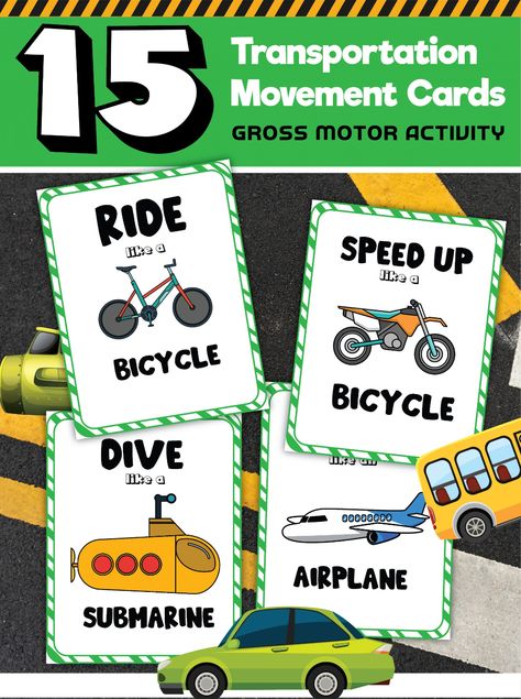 Free Transportation Movement Cards Transportation Group Activity, Transportation Movement Cards, Transportation Theme Preschool Science, Transportation Crafts Preschool, Movement Activities For Preschool, Transportation Songs, Preschool Movement, Curriculum Themes, February Themes