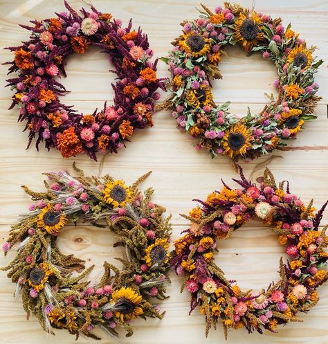 Dried Sunflower Wreath, Dried Wreaths, Dried Sunflowers, Dried Floral Wreaths, Cut Flower Farm, Dried Wreath, Dried Flower Wreaths, Flower Business, Door Wreaths Fall