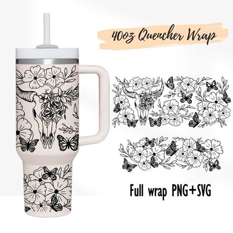 2 Designs 40oz Quencher Stanley Full Wrap Western Texas Longhorn Cow Flowers Floral Bull S #sublimationdesigns #tumblerdesigns #vinyldesigns #sublimationideas #tumblerwraps #svg Western Tumbler Wraps, 40oz Sublimation Tumbler Ideas, Stanley Cup Wrap Svg, 40 Oz Tumbler Wraps, Stanley Cup Designs, Western Cups, Texas Longhorn Cow, Cricket Designs, Tumbler Wrap Svg