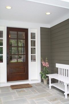 Porch Tile, Porch Remodel, House Green, Entrance Door Design, Casa Exterior, Old Cottage, Front Door Design, Exterior Wood, Exterior House Colors