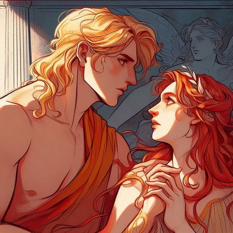 Apollo And Cassandra Radiant Sin, Aphrodite And Hephaestus Art, Apollo And Cassandra, Phoebus Apollo, Greek Myths Stories, Apollo Fanart, Ancient Egypt Aesthetic, Greek Mythology Characters, Apollo Art