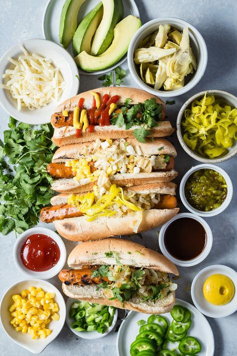 Hot Dogs are always better grilled! Serve these veggie dogs with a whole bunch of topping options for a fun summer lunch! Healthy Hot Dog Recipes, Fourth Of July 2023, Hot Dog Bar Toppings, Healthy Hot Dog, Veggie Hot Dog, Grilled Hot Dogs, Toppings Bar, Grilling Recipes Sides, Hot Dog Toppings