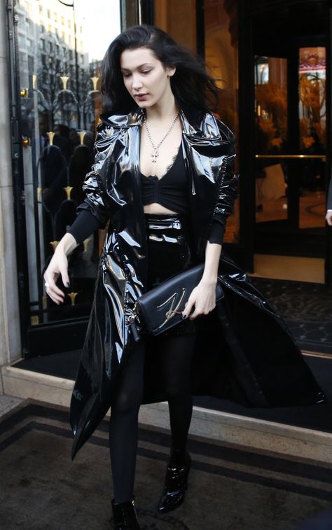 Bella Hadid is seen in Paris Mantel Cape, Rain Fashion, Girls Raincoat, Vinyl Fashion, Rainwear Fashion, Vinyl Clothing, Pvc Raincoat, Hadid Style, Couture Designers