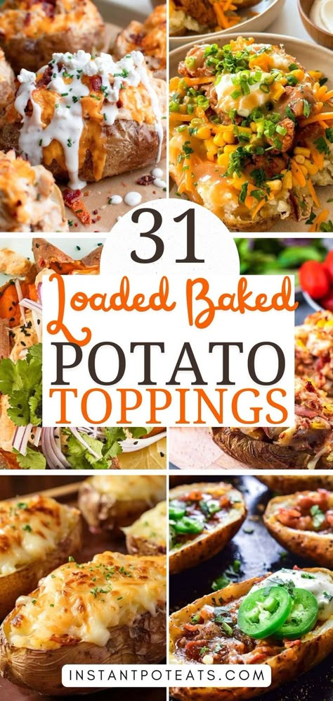 Baked Potato Add Ons, Baked Sweet Potato Toppings Savory, Baked Sweet Potato Loaded, Shredded Pork Baked Potatoes, Baked Potato Bar Party Ideas, What To Eat With A Baked Potato, Unique Baked Potatoes, Baked Potato Sauce Topping, Baked Potato Variations