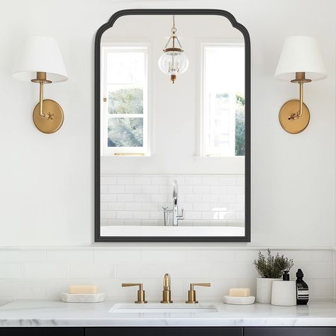 Vintage Black And White Bathroom, Matte Black Bathroom Vanity, Black Bathroom Mirror, Small Bathroom Mirrors, Black Bathroom Vanity, Corner Mirror, Mirror For Wall, Black Vanity Bathroom, Black Mirror Frame