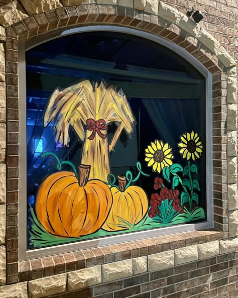 Pumpkin, sunflower, corn stalks November Window Art, Pumpkin Window Painting, Turkey Window Painting, Fall Halloween Window Painting, Window Painting Ideas Fall, Fall Window Painting Store Fronts, Sunflower Window Display, Thanksgiving Window Art, Fall Painting On Windows