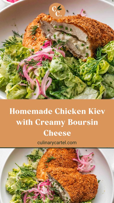 Crispy, creamy, quick and easy - my Chicken Kiev with Boursin Cheese. Grab your leftovers, and air fryer because this is the ultimate chicken dinner! Air Fryer Boursin Cheese, Chicken Boursin, Boursin Chicken, Boursin Recipes, Chicken Kiev, Linguine Recipes, Boursin Cheese, Chicken Entrees, Air Fryer Chicken