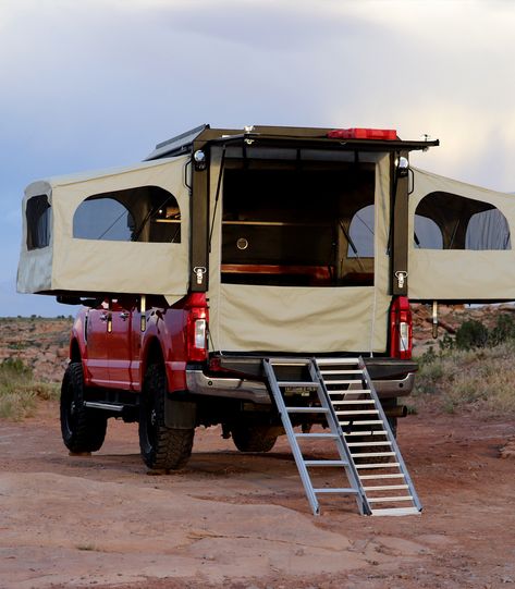 Canopy Camping System | Far-Out Camping Company Diy Spotlight, Pickup Truck Camper, Truck Topper, Canopy Camping, Truck Toppers, Tent Living, Slide In Camper, Rooftop Tent, Truck Boxes