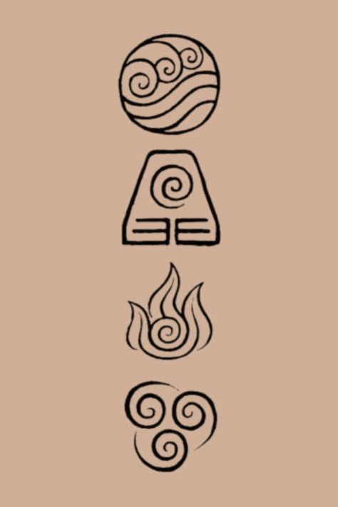 Four Nations Avatar Symbols Tattoo, Atla Symbols Tattoo, Atla Elements Tattoo, Elements Tattoo Avatar, Atla Elements Symbols, Atla Tatoos, Atlab Tattoos, Atla Symbols, Avatar Aang Tattoos