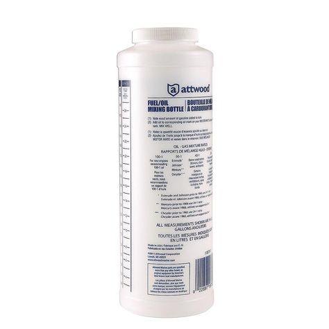 Fuel/Oil Mixing BottleAllows the addition of the exact amount of oil required for a 2-cycle engine. Oil level marks are in gallons and liters. Determines ratios for 100:1, 50:1, 24:1 and 10:1 mixes. Wide mouth, quart-size bottle.Features: Markings to mix oil for 2 Cycle engine Convenient wide-mouth, quart-size bottle Clear oil level marks in black Manufacturer : Attwood Marine Manufacturer Part No : 11873-1 UPC : 022697187307 Vehicle Laptop Mount, Weather Instruments, Trolling Motor, Pressure Pump, Boating Outfit, Fuel Oil, Oil Mix, Portable Toilet, Marine Boat