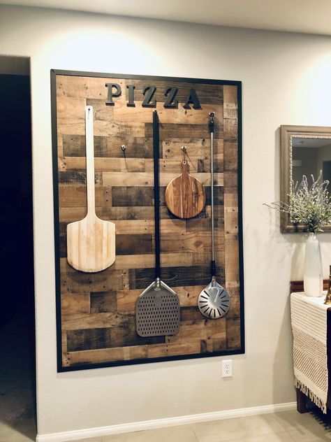 My new Pizza Oven Tool Wall Pizza Shop Accent Wall, Pizza Place Decor, Pizza Board Wall Decor, Pizza Shop Decor, Modern Pizza Shop, Pizza Shop Decor Ideas, Pizza Peel Wall Decor, Pizzeria Decor, Pizzeria Interior