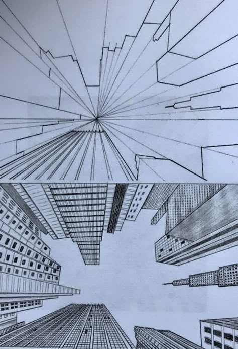 City From Above Drawing Perspective, Perspective Line Drawing, Space Perspective Drawing, Contour Line Drawing Lesson, 1point Perspective Drawing, Building Perspective Drawing, 3 Point Perspective Drawing Buildings, Perspective Drawing Buildings, Perspective Architecture Drawing