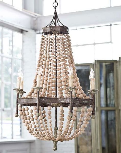 Scalloped Wood Bead Chandelier - Clayton Gray Home/PB has one almost identical to this for 600 Beaded Chandeliers, Eclectic Chandeliers, Nautical Chandelier, Wooden Bead Chandelier, Diy Luminaire, Beach House Tour, Bead Chandelier, Rope Chandelier, Waterfall Chandelier