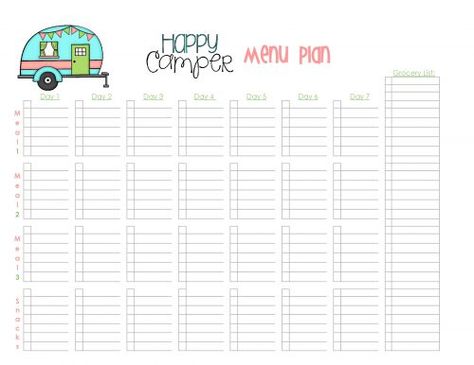 Happy Camper Menu Planner - Second Chance To Dream Camper Checklist, Camping Menu, Rv Camping Checklist, Camping Needs, Camping List, Camping Organization, Rv Ideas, Camping Checklist, Camping Supplies