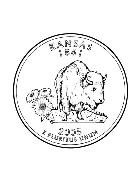 Kansas State Quarter Coloring Page Book Pages To Print, Culture Coloring Pages, State Project, Kansas Day, Colouring Book Pages, Kansas Flag, Kansas Map, Sunflower Coloring Pages, Old Coins Value