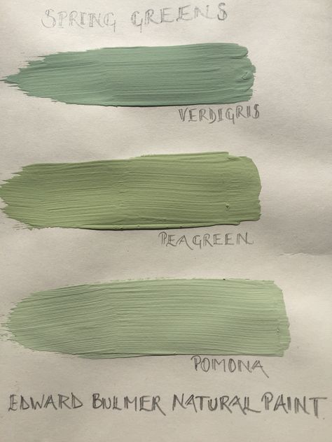 Verdigris, Pea Green and Pomona. 3 beautiful colours from Edward Bulmer Natural Paint. Redolent of spring. Study Colours, Home Moodboard, Heritage Paint Colours, Natural Paint Colors, Alt Decor, Living Room Design Diy, Cottage Paint Colors, Lillie Langtry, Room Schemes