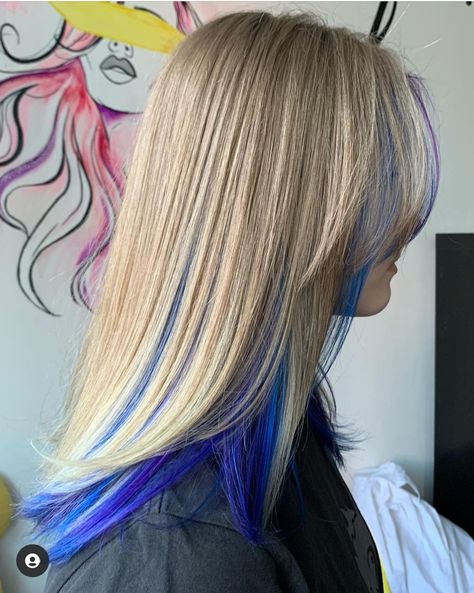 Blonde On Top Blue Underneath, Peekaboo Color On Blonde Hair, Blue Peak A Boo Hair Blonde, Blonde Hair Blue Peekaboo, Blue Underdye Hair Blonde, Blond Hair With Blue Underneath, Blue Tips Blonde Hair, Blonde Hair Blue Money Piece, Purple Highlights Blonde Hair Straight