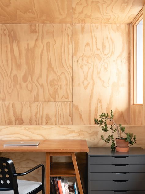 Photo 7 of 16 in A Plywood Box Turns a 20th-Century Duplex Into a Multigenerational Home - Dwell Plywood Wall Paneling, Plywood Ceiling, Types Of Plywood, Plywood Desk, Plywood Interior, Plywood Floor, Plywood Walls, Contemporary Living Room Design, Bungalow Renovation