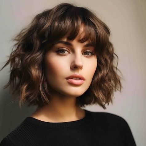 Bangs With Short Curly Hair, Dark Wavy Bob, Chin Length Bob Hairstyles With Bangs, Textured Bob Haircut With Bangs, French Bob With Bangs Mid Length, Short Bob For Wavy Hair, Wavy Bob Haircuts With Bangs, Curled Bob With Bangs, Curly Chin Length Bob