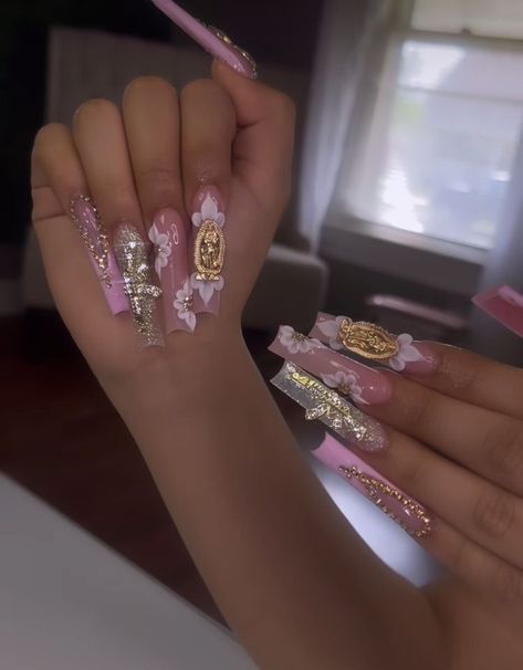 Nails With The Virgin Mary, Acrylic Nails With Virgin Mary, Pink Virgin Mary Nails, Nails Virgin Mary, Virgin Mary Nails, Bedazzled Nails, Mexican Nails, Quince Nails, Quinceanera Nails