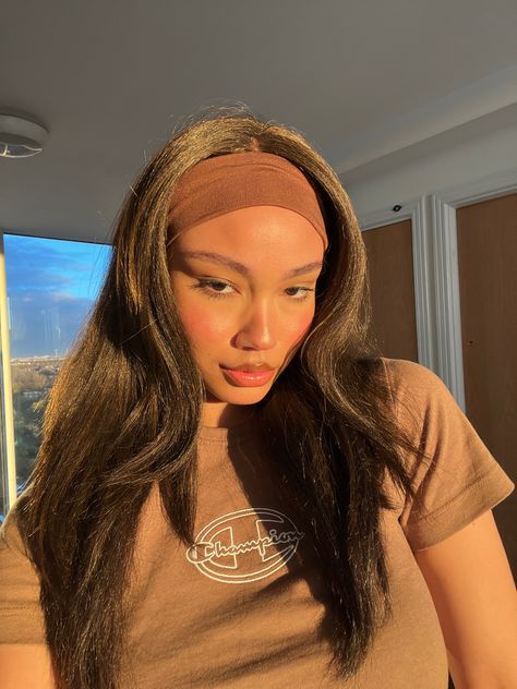 Brown hair band, Brown top, brown hair, brown eyes, brown straight hair, neutral, sun, glow, sunset, golden hour Headband Straight Hair, Brown Headband, Brown Straight Hair, Brown Hair Brown Eyes, Eyes Brown, Glam Makeup Look, Cute Headbands, Hair Brown, Brown Top