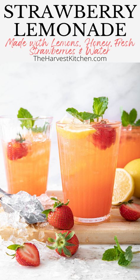 Healthy Pink Lemonade, Homemade Strawberry Lemonade Recipe, Fresh Strawberry Lemonade, Homemade Strawberry Lemonade, Honey Lemonade, Flavored Ice Cubes, Strawberry Lemonade Recipe, Honey Drink, Strawberry Water