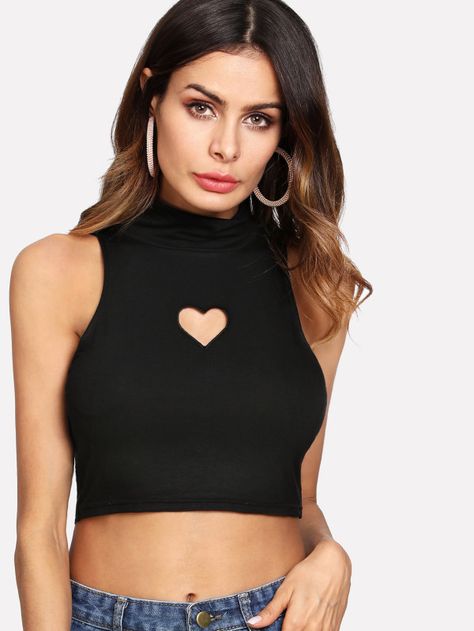 Heart Cut Front Crop Top -SheIn(Sheinside) Shein Products, Soft Girl Fashion, Cutout Crop Top, Outfit Reference, Crop Tops Online, Types Of Clothing, Cutout Top, Black Fitness, Clothing Board