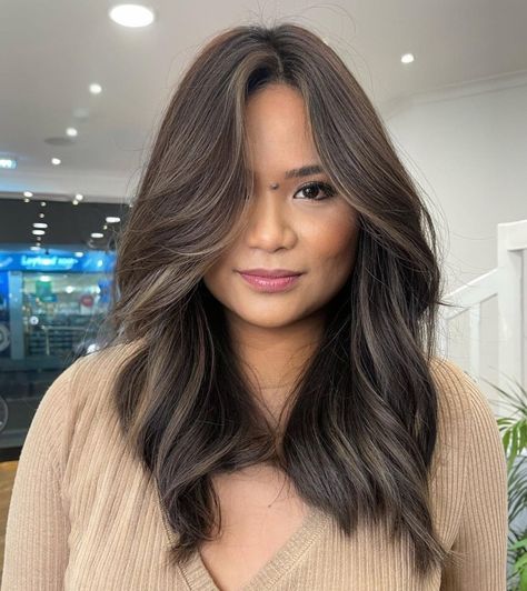 Soft Bayalage Brunette, Soft Highlights Brunette, Easy To Maintain Brown Hair Color, Brown Balayage Ashy Brown, Ash Beige Brown Hair Balayage, Ash Brown Medium Length Hair, Ashy Brown Highlights On Brown Hair, Ash Brown Balayage Ombre, Ash Brown Hair With Babylights