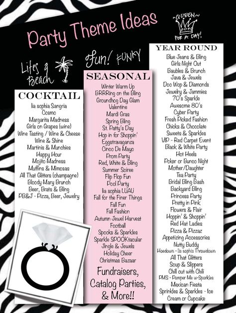 Want to have a theme party, but having a hard time coming up with ideas?  Here are just a few suggestions!  www.mythirtyone.com/jbarker Pure Romance Party, Party Theme Ideas, Mary Kay Party, Thirty One Party, Thirty One Business, Romances Ideas, Mary Kay Consultant, Mary Kay Cosmetics, Party Names