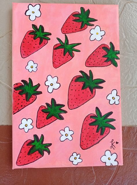 Strawberry Painting Easy Cute, Summer Acrylic Painting Ideas Canvases, Strawberry Painting Acrylic Easy, Strawberry Shortcake Painting Canvas, Aesthetic Summer Paintings, Strawberry Painting Ideas, Strawberry Painting Aesthetic, Summer Paintings On Canvas Aesthetic, Strawberry Painting Easy