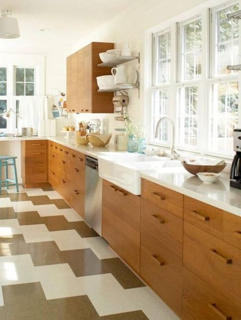 VCT Tile Floor Patterns That Look Great Anywhere | Apartment Therapy Vct Tile, Modern Wood Kitchen, Vinyl Flooring Kitchen, Oak Kitchen Cabinets, Wood Kitchen Cabinets, Oak Kitchen, Kitchen On A Budget, Kitchen Remodeling, Updated Kitchen