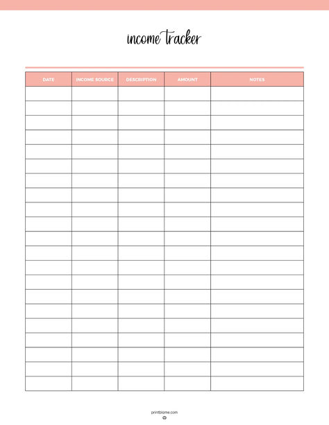 Printable income tracker template with columns for date, income source, description, amount, and notes, designed to help users organize and track income details effectively. Income Tracker Printable Free, Notes Making, Income Tracker, Income Sources, Household Expenses, Tracker Free, Diy Beaded Rings, Savings Goals, Budget Planner Printable