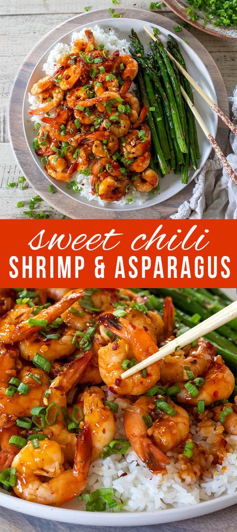 Sheet Pan Sweet Chili Garlic Shrimp with Asparagus Asparagus Shrimp Recipes, Chili Garlic Shrimp, Shrimp With Asparagus, Sweet Chili Shrimp, Chili Shrimp, Shrimp Dinner, Shrimp And Asparagus, Shrimp Recipes For Dinner, Shrimp Recipes Easy