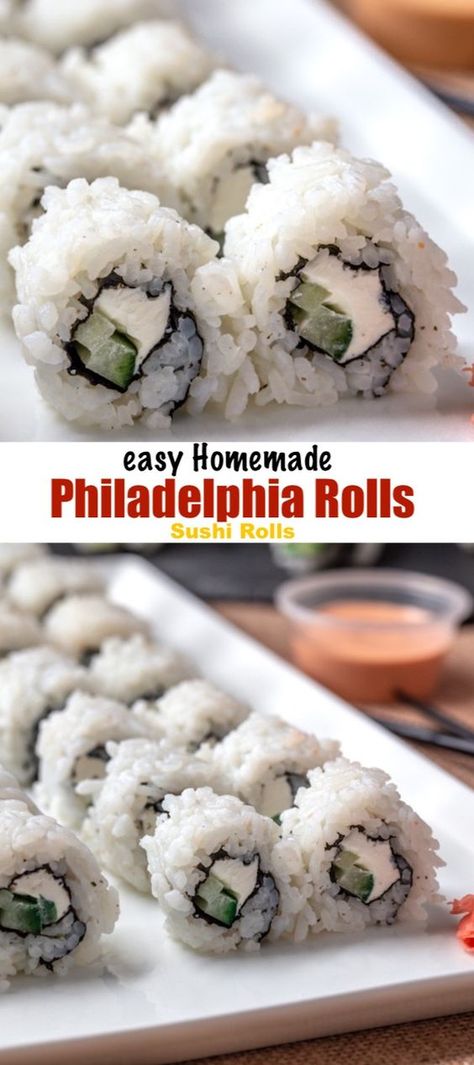 Easy Sushi Rolls At Home Videos, Philadelphia Roll Sushi Recipe, Cream Cheese Sushi Rolls Recipe, Sushi Cream Cheese Recipes, Homemade Veggie Sushi Rolls, Homemade Cooked Sushi Rolls, Homemade Cucumber Sushi Rolls, Veggie Sushi Rolls Recipe, Sushi Recipes Cream Cheese