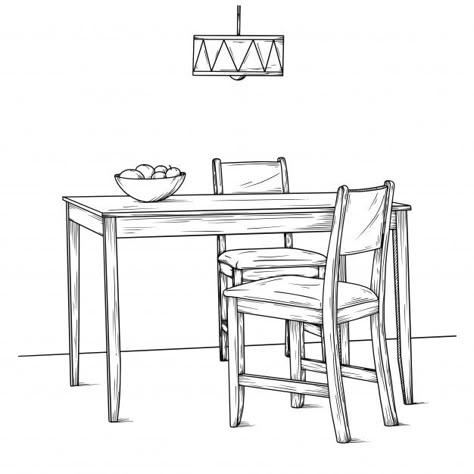 Table And Chair Drawing Sketch, Dining Table Drawing Sketch, Kitchen Table Illustration, How To Draw Table, Table And Chair Drawing, From The Dining Table Tattoo, Dining Table Sketch, Chair Drawing Simple, Chair Poses Drawing