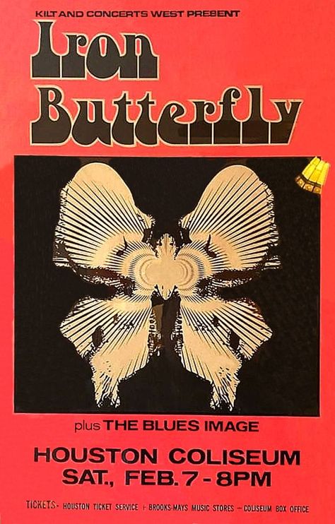 Iron Butterfly 1970 Houston Iron Butterfly, Hippie Posters, Vintage Concert Posters, Butterfly Poster, Rock Festivals, Rock Posters, Rock Concert, Party Poster, Music Store