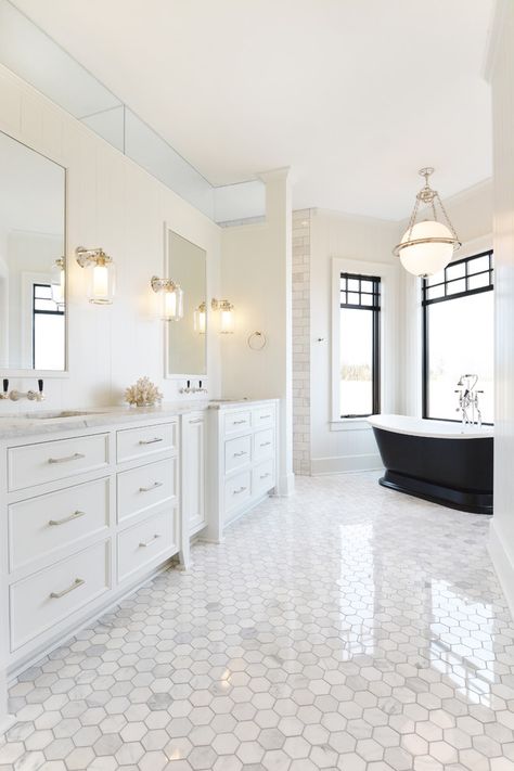 Transitional Bathroom - Transitional - Bathroom - Milwaukee | Houzz Contemporary White Bathrooms, Transitional Bathroom Design, Black Bathtub, Contemporary Bedroom Design, White Bathroom Designs, White Bathroom Decor, Bad Inspiration, Transitional Bathroom, Master Bath Remodel