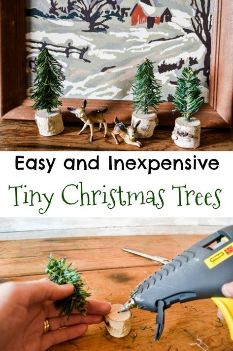 Easy and Inexpensive DIY Tiny Christmas Trees - Zucchini Sisters Diy Christmas Village Trees, Diy Trees For Christmas Village, Christmas Village Diy How To Make, Porcelain Houses Christmas, How To Make Tiny Christmas Trees, Miniature Christmas Trees Diy, Christmas Village Diy Accessories, Miniature Village Diy, Christmas Village Display Ideas Diy Easy