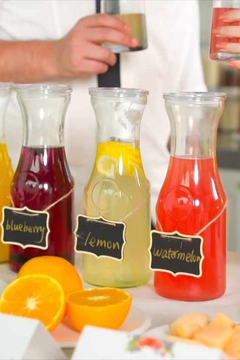 [INCLUDE ALL YOUR NEEDS] The dispenser set includes 4 carafes with a capacity of 1 liter (or 34 oz),4 acrylic lids,4 wooden chalkboards,1 marker,2 reversible mimosa bar signs measuring 7.87''x9.92'', and 8 table cards. Because of this labels, you will be able to easily indicate the many kinds of juices and fruits that are available at the mimosa bar.in addition, the reversible sign has 4 types (1 mimosa bar, 1 merry mimosa, 2 bubbly bar), making it appropriate for any occasion you choose. Juice Jar, Flavored Lemonade, Watermelon And Lemon, Juice Pitcher, Water Carafe, Bar Supplies, Mimosa Bar, Glass Carafe, Lemon Blueberry